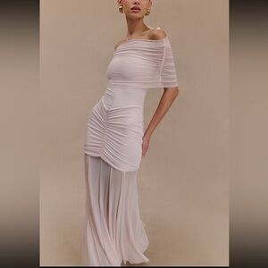 Meshki- Caspian slinky and mesh off shoulder maxi dress (pale pink)